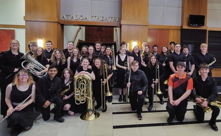 The Pride of Lindsay Band poses for a photograph before its performance at the Oklahoma Secondary School Activities Association (OSSAA) State Concert Contest April 1, 2025, at East Central University’s Hallie Brown Ford Fine Arts Center in Ada. Photo by Brandy McDonnell