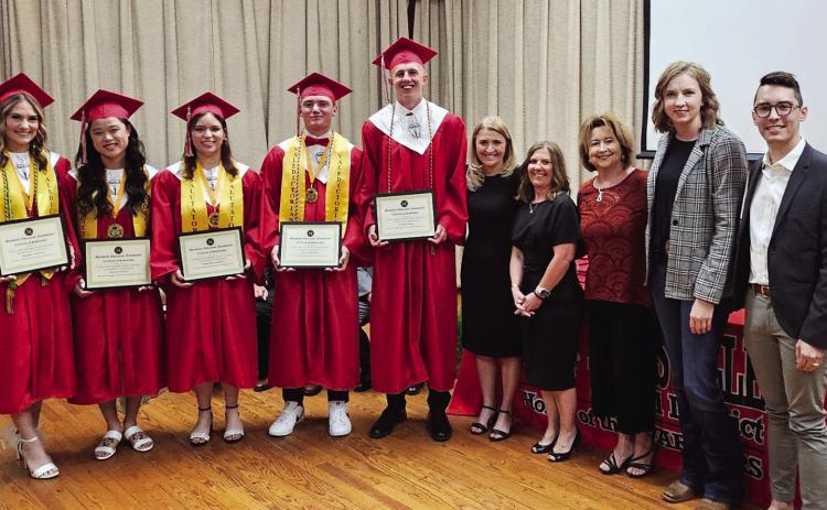 2024 Maysville Education Foundation scholarship recipients are, from left, Raegan Howard, Marissa Moates, Samantha Landeros, Bryce Shannon and Hayden Park, with MEF members, Torie Townley, Debbie House, Rhonda Blish, Julie Green and Caleb Ivey. Photo courtesy of Caleb Ivey.