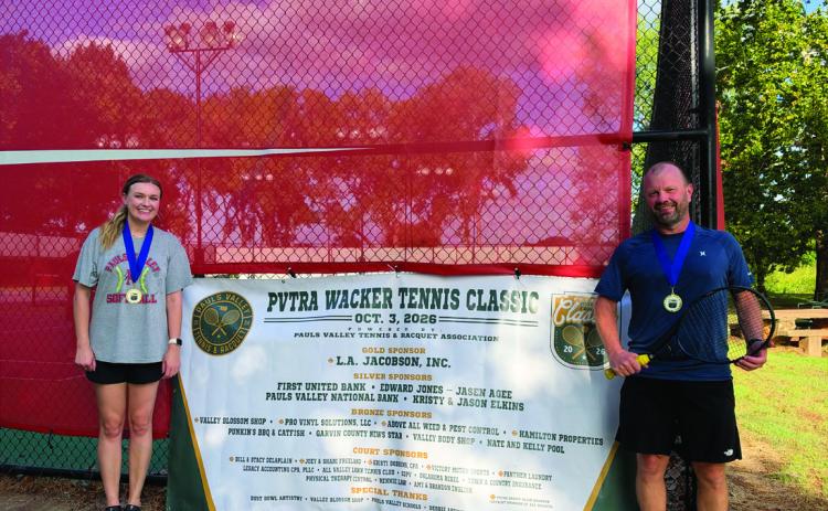 Rachel Huggans, of Pauls Valley, and Everson Wendt, of Florianopolis, Brazil, claimed the first place spot in the Open Mixed Doubles bracket of PVTRA’s Wacker Tennis Classic Oct. 4. Photo courtesy of PVTRA