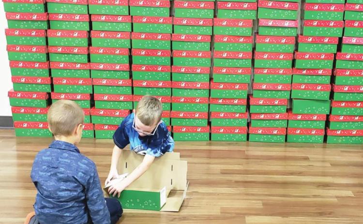 Operation Christmas Child boxes assembled by Trinity Baptist Church's children's ministry