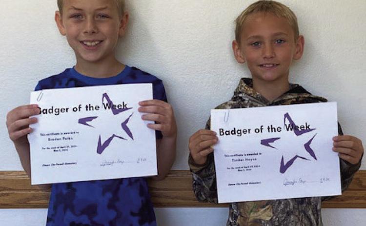 Braden Parks and Timber Hayes were Badgers of the Week at ECP Elementary for the week of April 29, 2024. Braden (left) is from Mrs. McConnell's class, and Timber is from Mrs. McCleskey's class. Photo courtesy of Jennifer Earp.