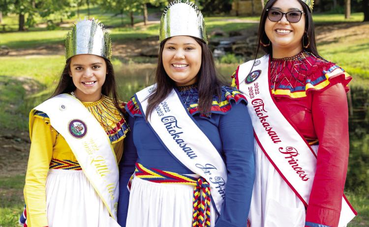 2022-2023 Little Miss Chickasaw Sari Walker, Chickasaw Jr. Princess Maggie Stick and Chickasaw Princess Winter Wolfe.