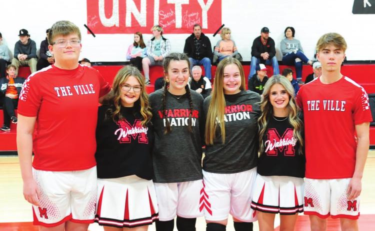 Maysville High School basketball seniors honored for Senior Night Feb. 8 are from left, Gabe Resendiz, Jayla Steakley, Landrey Howard, Sarah Sanders, Olivia Huey and Hunter Wilmot. Photo by Denny Park