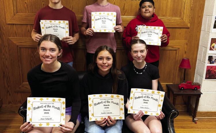 Pauls Valley Junior High School Students of the Month for March are (front row, l-r) Jessie Caldwell, Natalie Eubanks, Sophie Watson, (back row, l-Zane Wright, Jett Ashley and Leandro Rodriguez. Courtesy photo