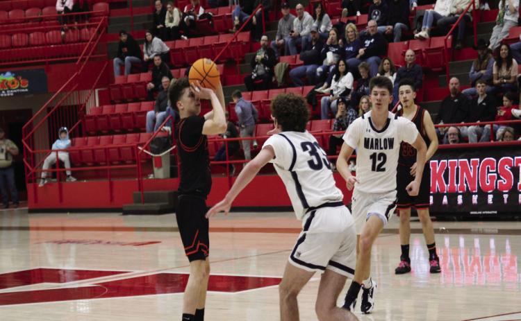 Lindsay’s Brycen Watts scores a 3-point shot in the Leopards’ loss against Marlow 42-35 in the Winners Bracket-C game in Lindsay. News Star photo by Sheryl Kochert.