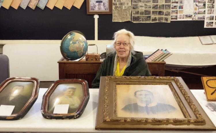 Kay Cameron Webb, of Blanchard, visited the Pikes Peak School Museum near Lindsay January 20. While there, she donated framed pictures of her great aunt, Lizzie Mayfield Cameron Bell, who lived in Purdy in the early 1900’s. Photo courtesy of Thelma Love.