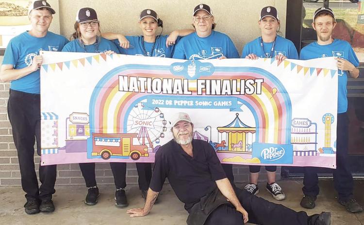 The Stratford Sonic's Final 12 team will take their turn competing for the Dr Pepper Sonic Games Championship Sunday at the Stratford Drive-In. Competing team members are (left to right) Austin Harris, Katlyn Lewis, Annie Potts-Harris, April Mitchell, Jeremy Smith, Robert Harris Jr. and (seated in front) Robert Harris.