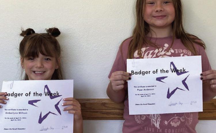 Emberlynn Willson and Piper Anderson were ECP Elementary Badgers of the Week for the week of April 22, 2024. Emberlynn (left) is from Mrs. Ferris' class, and Piper is from Mrs. Castner's class. Photo courtesy of Jennifer Earp.
