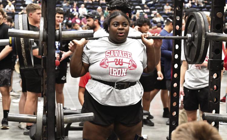 Wynnewood’s Annika Pittman squatted 370 lbs, benched 165 lbs and deadlifted 385 lbs for a total of 920 lbs and a first place finish in the first meet of the year at Little Axe Invitational last weekend. News Star photos by Don Coffey