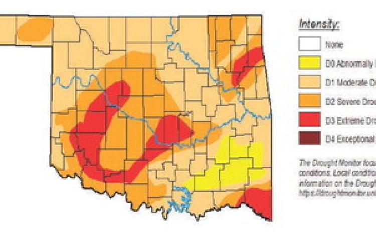 This March 19 map from the U.S. Drought Monitor shows the extent of drought conditions statewide, including a swath of extreme drought running through Garvin County. The U.S. Drought Monitor is jointly produced by the National Drought Mitigation Center at the University of Nebraska-Lincoln, the USDA, NOAA and NASA. Map courtesy of NDMC.
