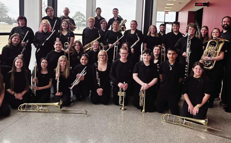 The Pride of Lindsay poses for a photo at the OSSAA District 7 Concert Band Contest March 4, 2026, at the Jerome Westheimer Center for the Performing Arts in Ardmore. The band qualified for the state contest with its Superior performance at district. Photo by Brandy McDonnell