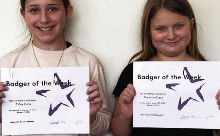 Elmore City-Pernell Elementary Badgers of the Week for the week of January 29 are Chloe Parks (left) and Chevelle Grace. Chloe is in Mrs. Foster's class, and Chevelle is in Mrs. Huebner's class. The Badgers of the Week program is sponsored by Nancy and Danny Dill. Photo courtesy of Jennifer Earp