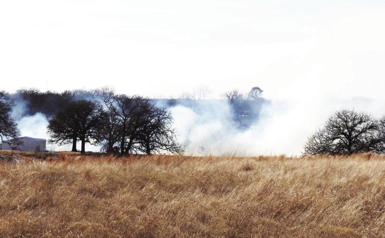 A grass fire burns on the west side of State Highway 19, just north of Pauls Valley, Feb. 2. The fire burned around 150 acres of land and threatened homes in the area.