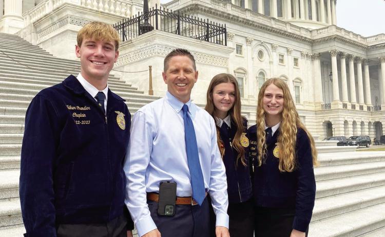 Stratford FFA members Walker Chandler, Grace Wright and Madi Rich had the opportunity to meet Congressman Josh Brecheen on the steps of the U.S. Capitol while attending a leadership conference in Washington, D.C., in June. Congressman Brecheen was the Oklahoma State FFA president in 19981999.