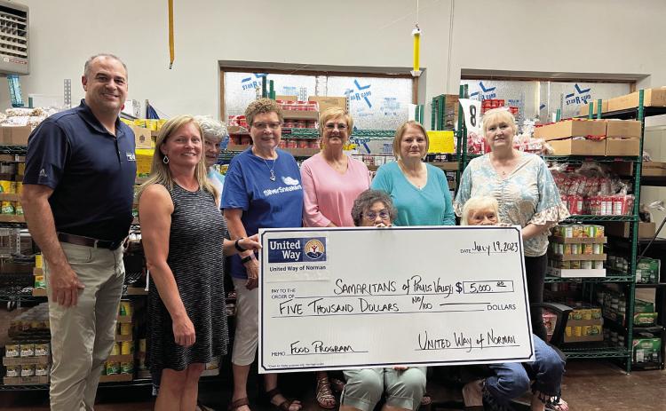 United Way of Norman presented a $5,000 donation to Samaritans of Pauls Valley Wednesday. The Samaritans' food pantry is continuing to see an increased need for food assistance for families from across Garvin County. News Star photo by Suzanne Mackey