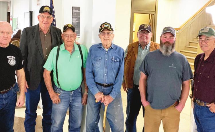 Veterans from around the county gathered at the Garvin County Courthouse Tuesday for the County's annual Veterans Appreciation Dinner. Pictured left to right are Garvin County veterans Bavon Childress, Steve Mayhan, Kenneth Holden, Tom Shindler, Bill Good, Nick Mueller and Ron Endler. Photo by Suzanne Mackey
