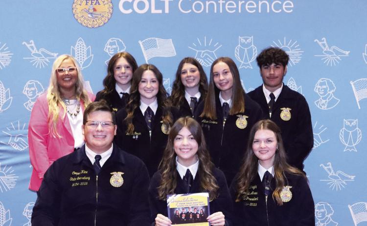 Pictured back row, left to right are Maysville FFA adviser Brittany Morphew, Avery Riley, Jaci McGowen, Jolie Summers, Allison Sanders and Ricky Zendejas. Front row, left to right are Cooper Kline, North Rock Creek, state secretary; Maysville FFA President Addi Allen; and Grace Wright, Stratford, central area vice-president. Courtesy photo